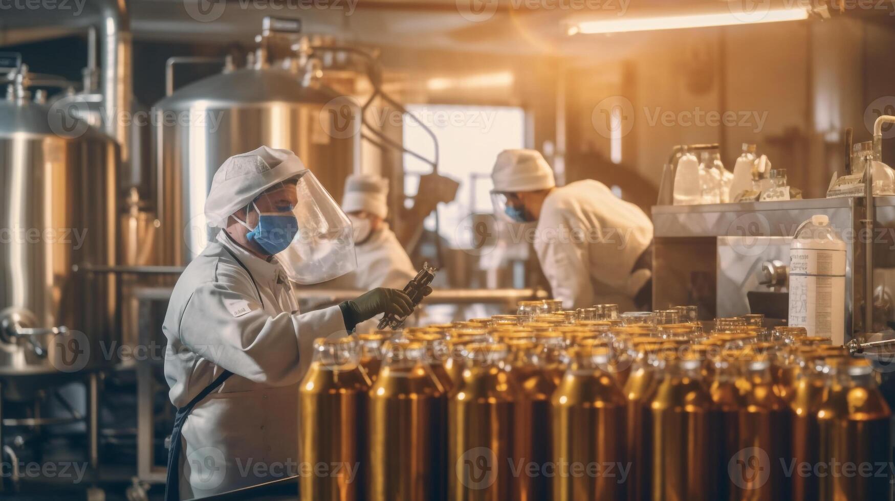 staff wearing face mask and uniform working in beer bottles on production line with big machine at Beverage factory interior, machine working bottles production line, photo