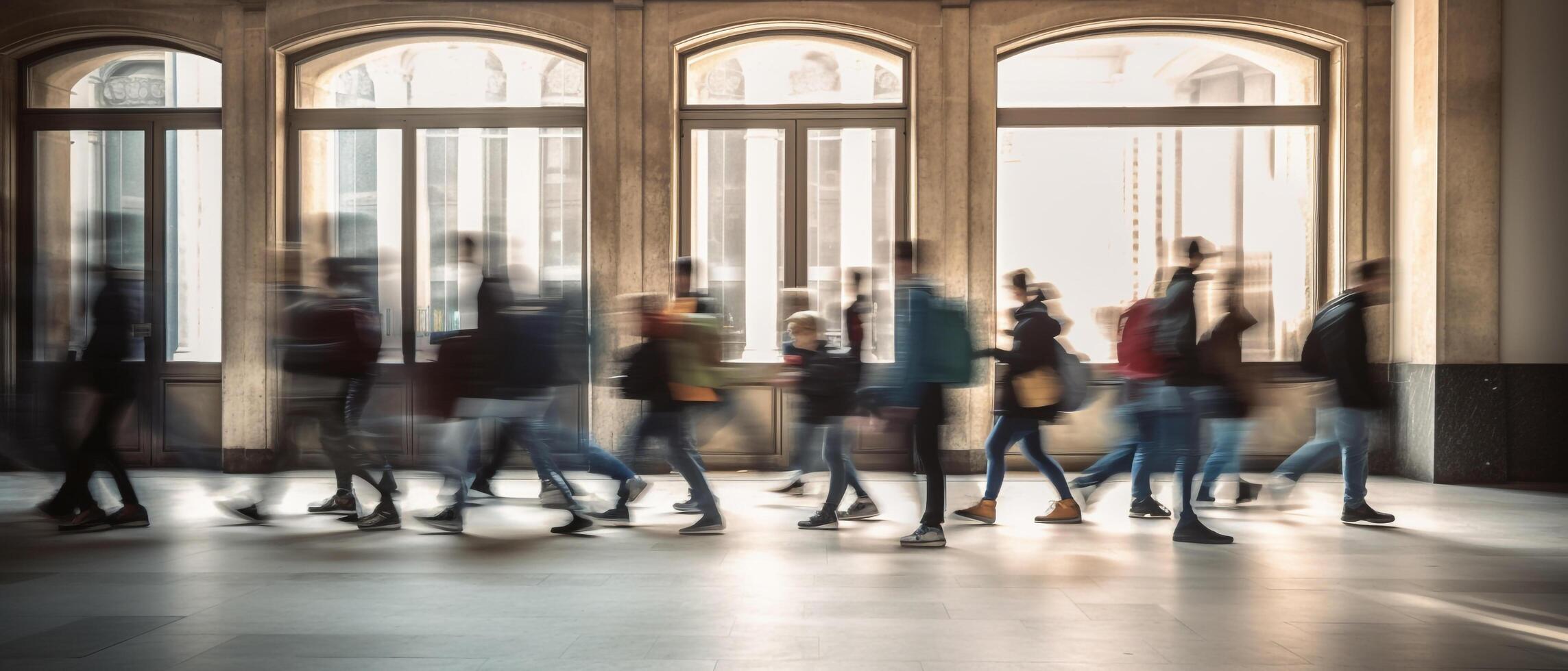 blurred group of young students going to class in fast movement, photo