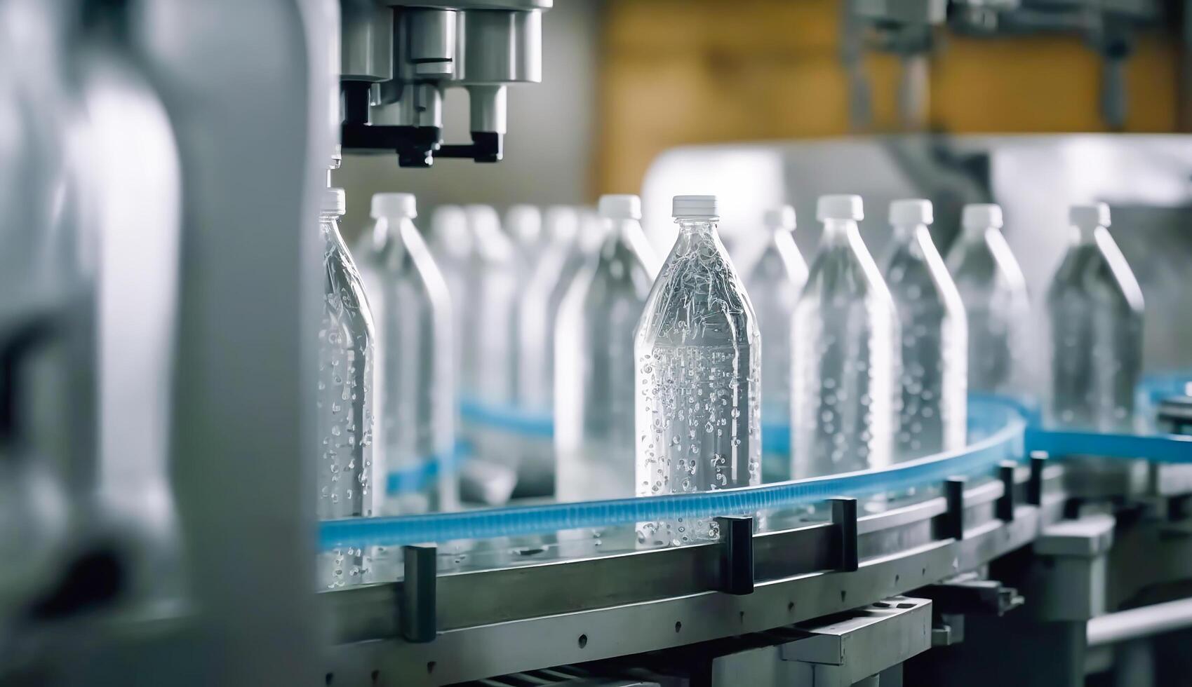 Line of bottling beverages in plastic bottles on clean light factory