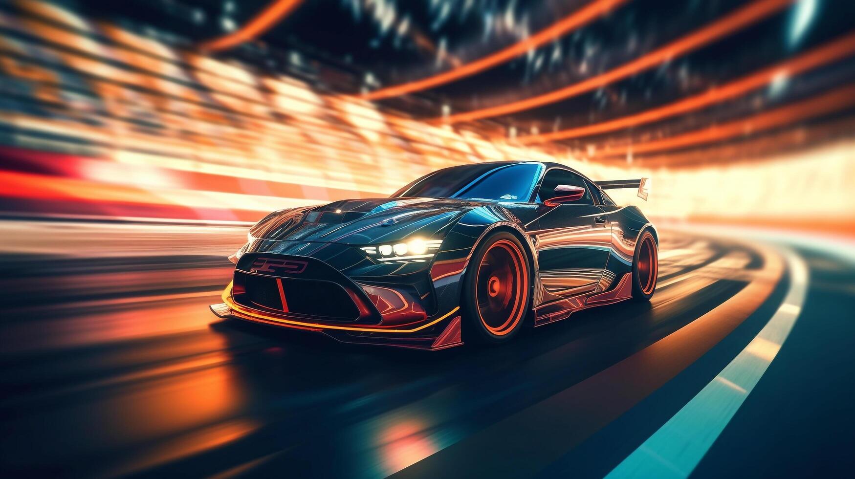 Racing Car drifting on speed track stadium with sport light, photo