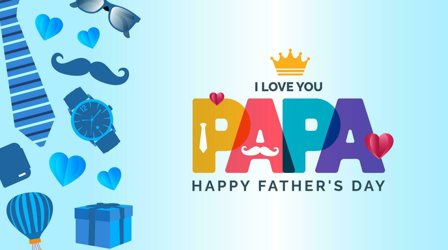 happy Father's Day background poster or banner design template celebrate in june. Father's Day background or banner with necktie, glasses, hat, and gift box. happy fathers day poster, greetings. vector