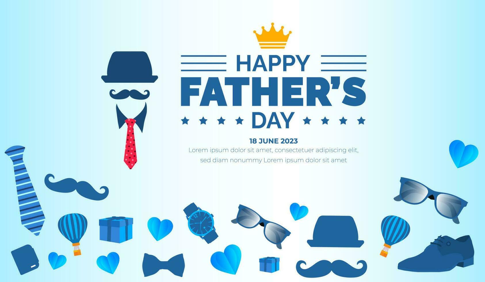 happy Father's Day background poster or banner design template celebrate in june. Father's Day background or banner with necktie, glasses, hat, and gift box. happy fathers day poster, greetings. vector