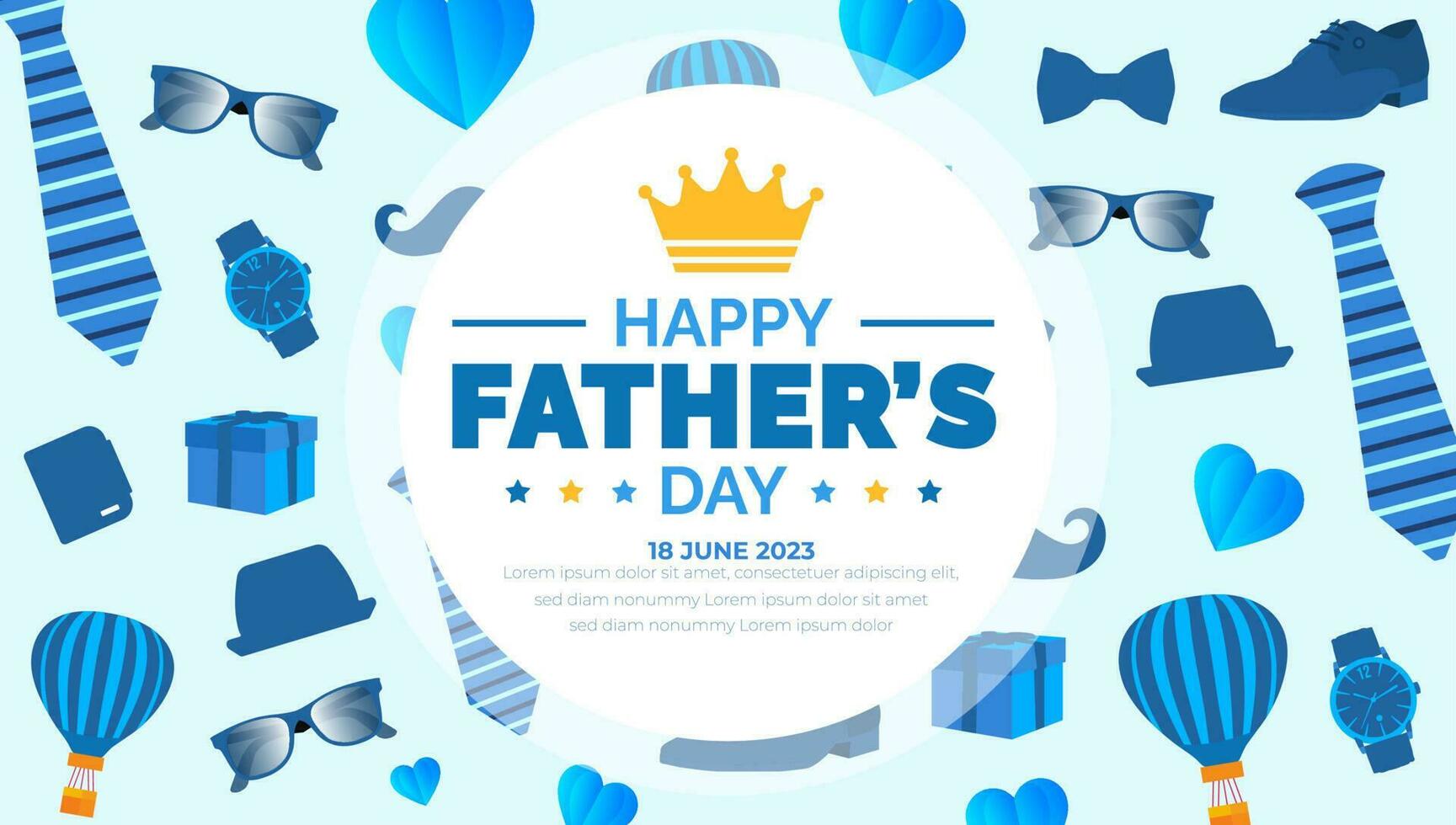 happy Father's Day background poster or banner design template celebrate in june. Father's Day background or banner with necktie, glasses, hat, and gift box. happy fathers day poster, greetings. vector