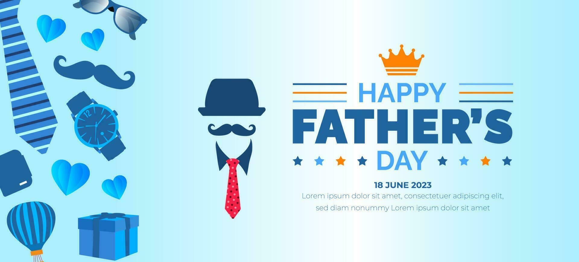 happy Father's Day background poster or banner design template celebrate in june. Father's Day background or banner with necktie, glasses, hat, and gift box. happy fathers day poster, greetings. vector