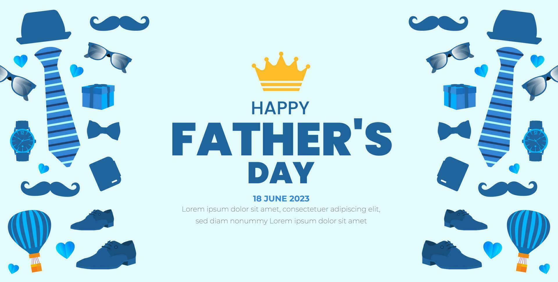 happy Father's Day background poster or banner design template celebrate in june. Father's Day background or banner with necktie, glasses, hat, and gift box. happy fathers day poster, greetings. vector