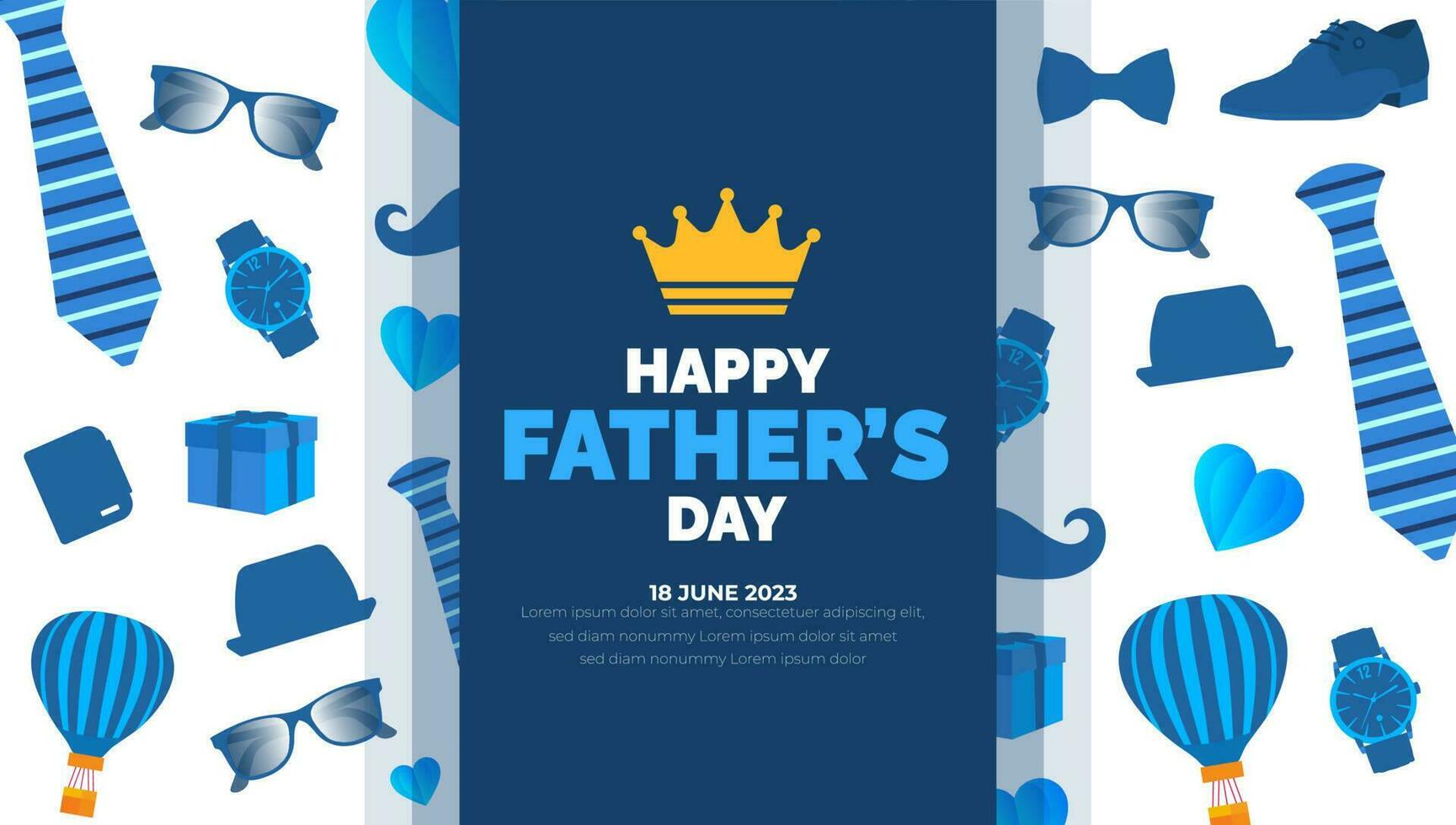 happy Father's Day background poster or banner design template celebrate in june. Father's Day background or banner with necktie, glasses, hat, and gift box. happy fathers day poster, greetings. vector