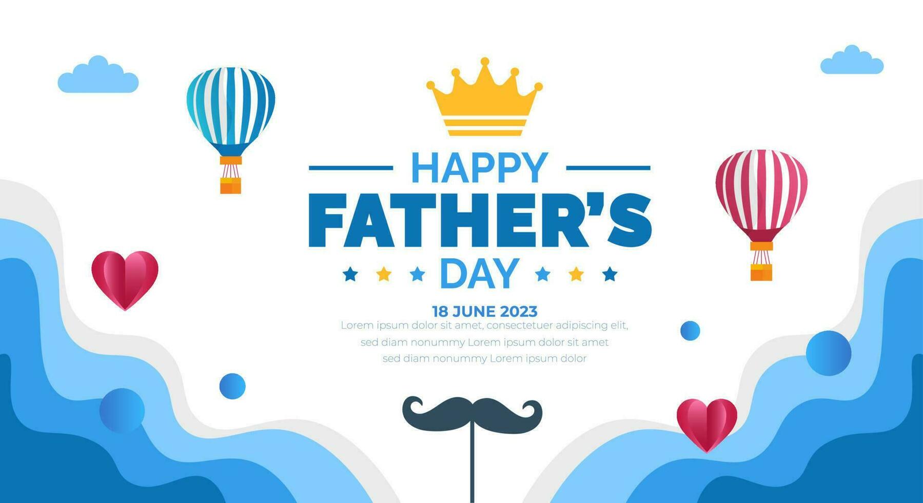 happy Father's Day background poster, greetings card or banner design template with parachute, cloud, necktie, glasses, hat, and gift box. celebrate in june. stylish papa typography design. vector