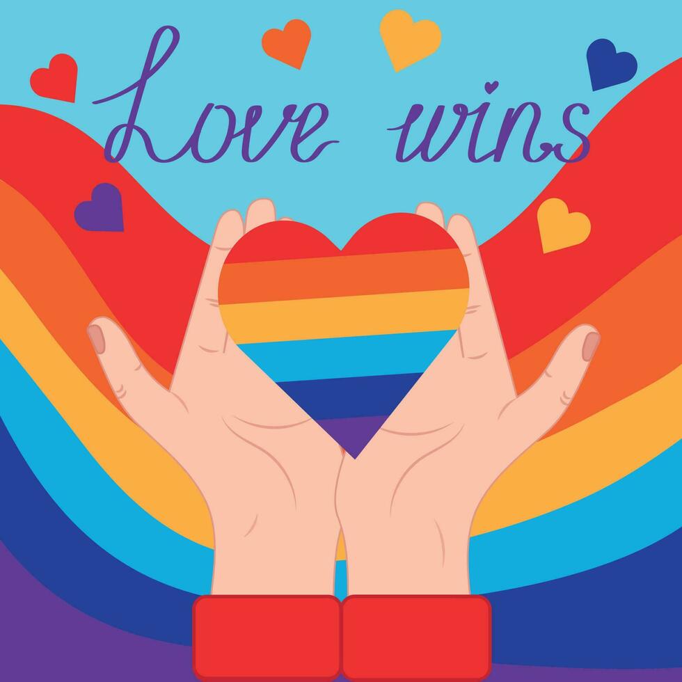 Hands holding a rainbow heart against the background of the LGBT flag vector
