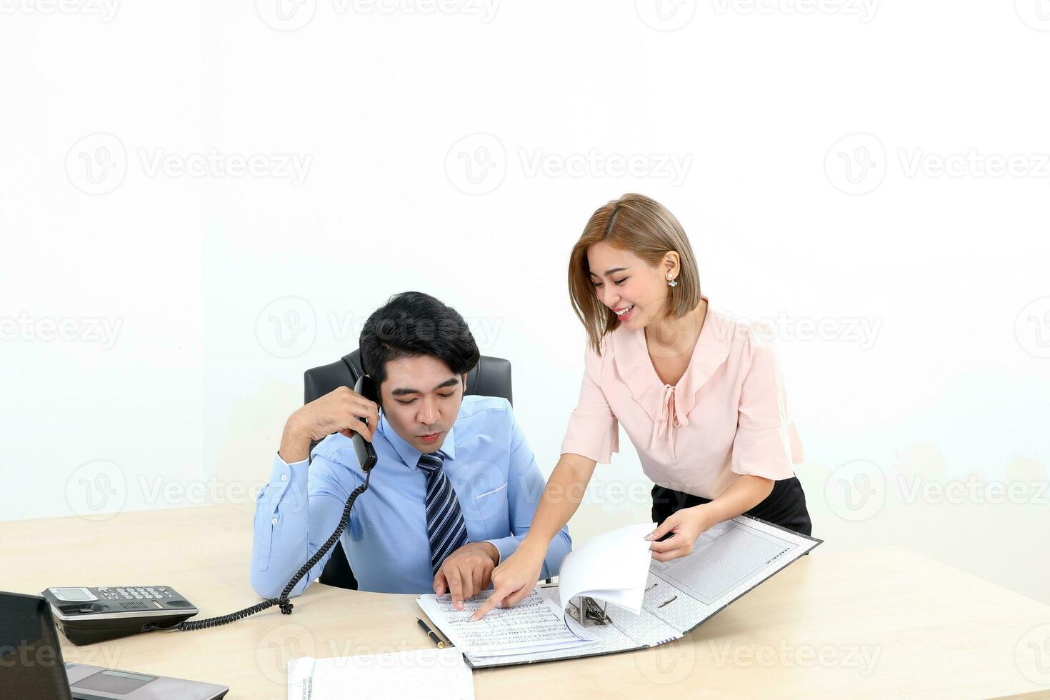 Asian young man woman malay chinese office confident happy sit stand phone talk show see document file folder photo