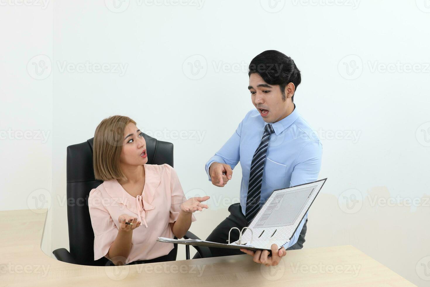 Asian young man woman malay chinese office confident happy sit stand talk discuss show point see document file folder happy exited photo