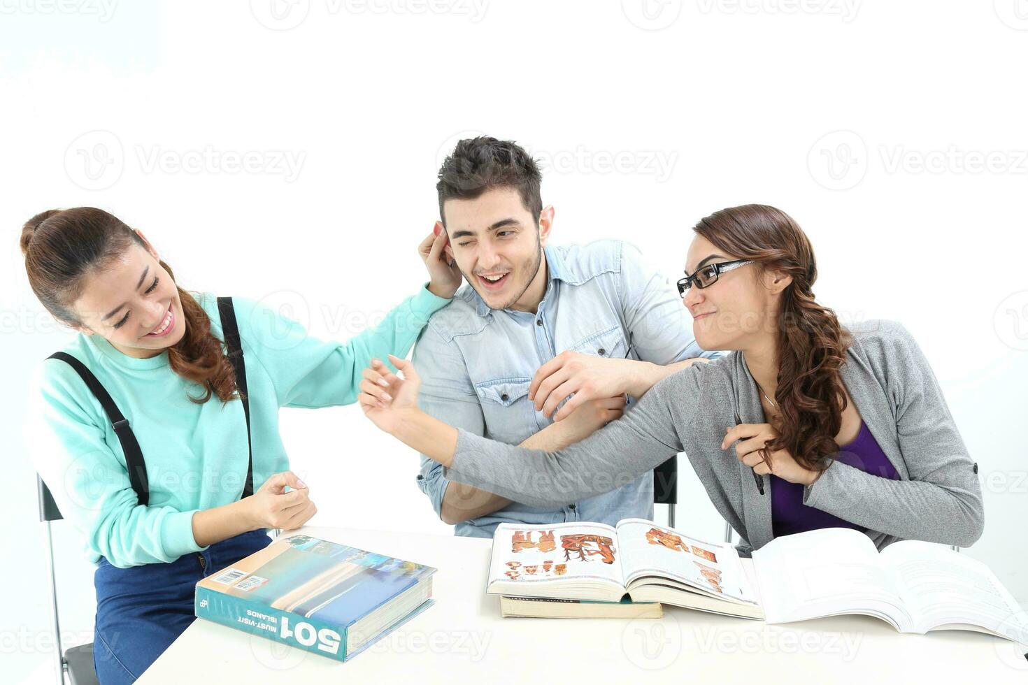 Yong south east Asian middle eastern Caucasian youth man woman in casual dress walk talk fun sit at table book notebook pen laptop computer study think read on white background photo