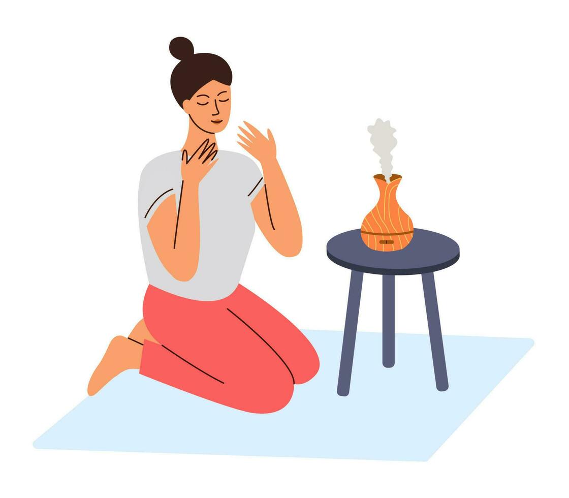 Girl sitting opposite aroma diffuser of essential perfume oil, enjoying smell fragrance. Flat vector illustration.