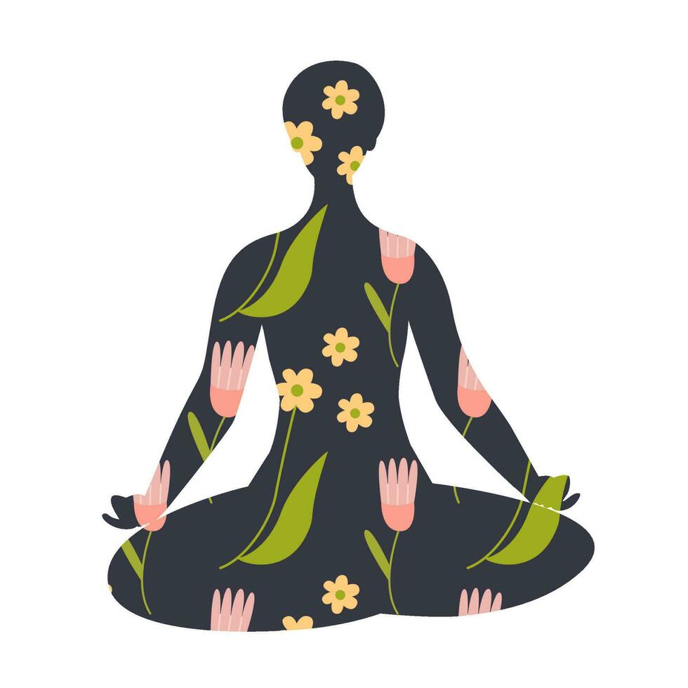 Silhouette of woman in lotus position with background of beautiful flowers. Consept of mental health. Flat vector illustration.