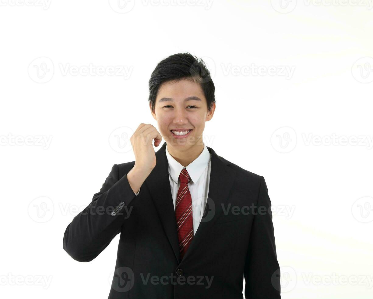South east Asian young Chinese Indian man woman wearing formal business office ware on white background pose expression photo
