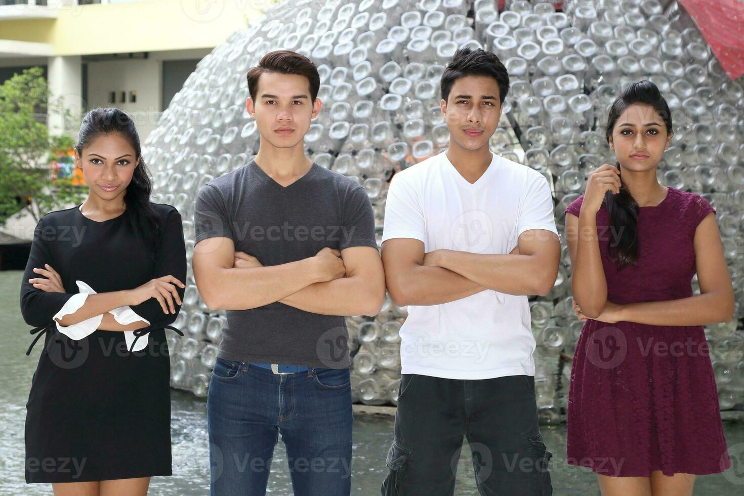 Asian young man woman friend student colleagues outdoor active work study relax photo