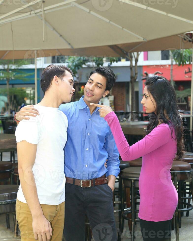 Asian young man woman friend student colleagues outdoor active work study relax photo