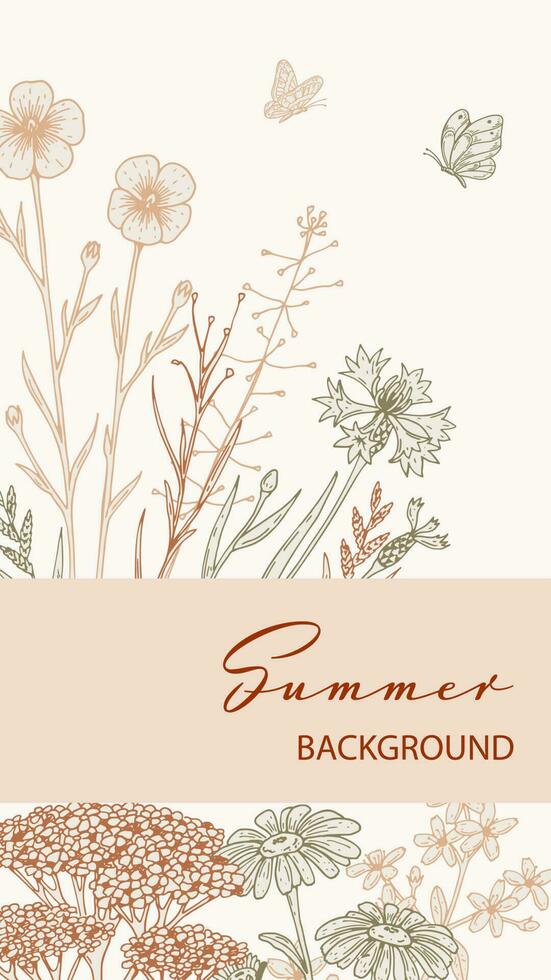 Summer vertical design with wildflowers. Hand drawn vector illustration in sketch style. Social media stories template. Meadow flowers poster. Wedding invitation