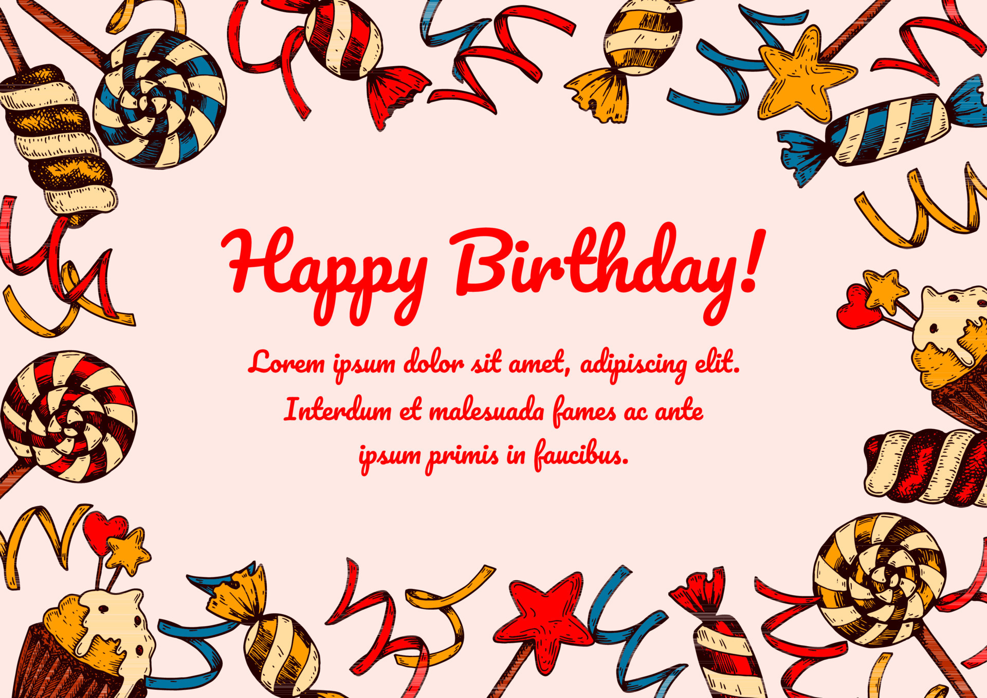Birthday horizontal greeting card. Design with hand drawn elements