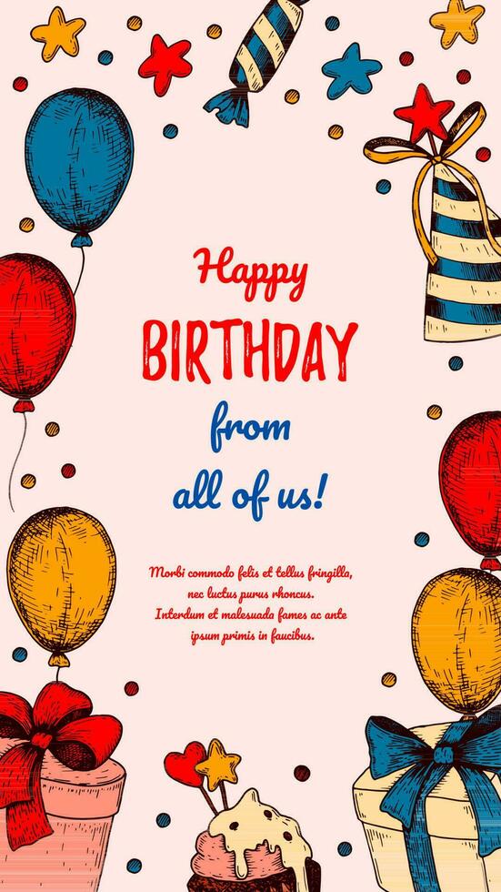 Birthday vertical greeting card. Poster with hand drawn elements. Celebration social media stories  template. Vector illustration in sketch style