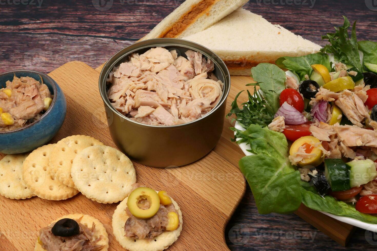 Tin can tuna fish meat chunk flake product recipes salad spread topping tapas cracker sandwich on wooden black slate board over rustic wooden table photo
