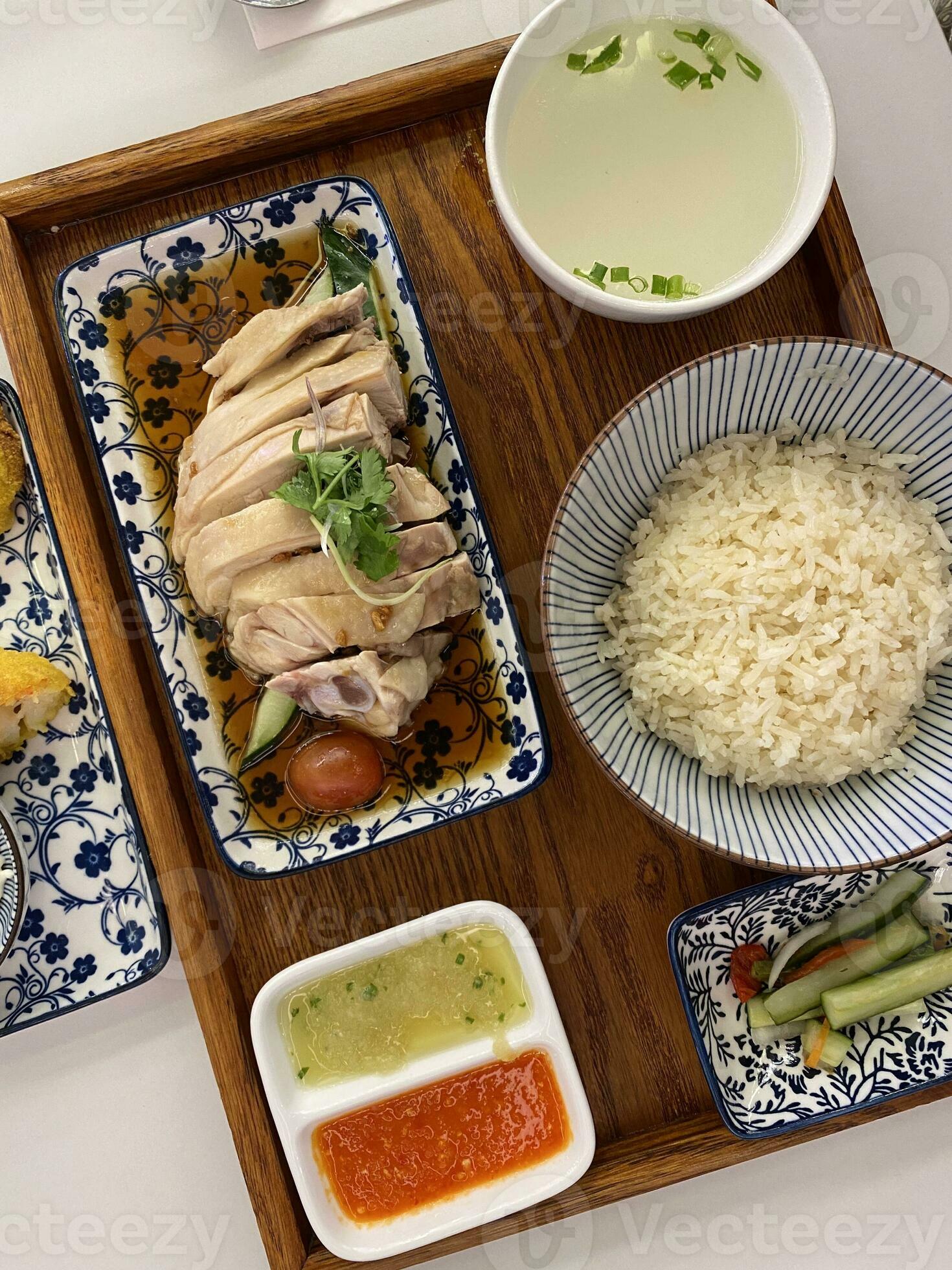 https://static.vecteezy.com/system/resources/previews/024/539/650/large_2x/steamed-hainanese-chicken-rice-soup-green-red-chilli-ginger-soya-sauce-cucumber-carrot-side-serviced-on-retro-enamel-diner-plate-fork-spoon-on-wooden-table-photo.JPG