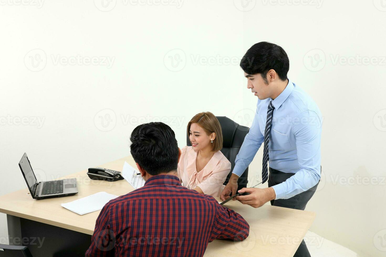 Asian young man woman malay chinese office table sit stand client meeting talk discuss show see point explain file document folder photo