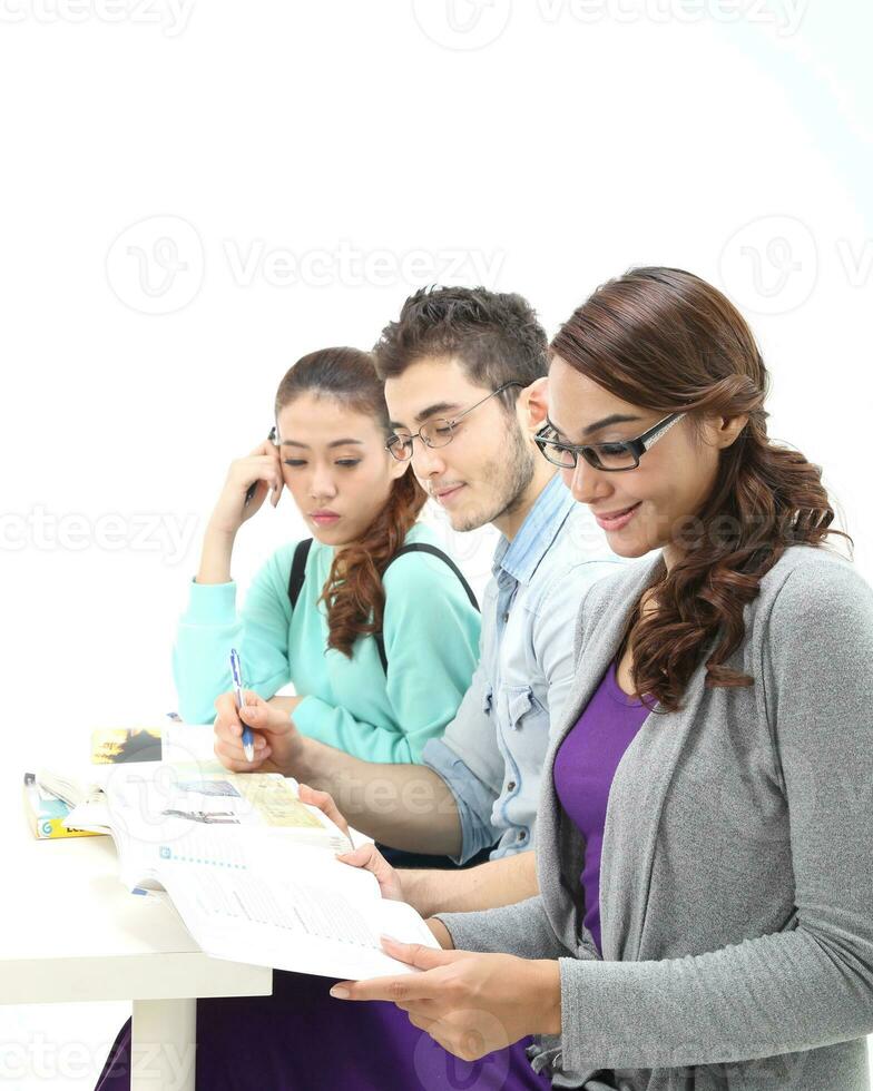 Yong south east Asian middle eastern Caucasian youth man woman in casual dress walk talk fun sit at table book notebook pen laptop computer study think read on white background photo