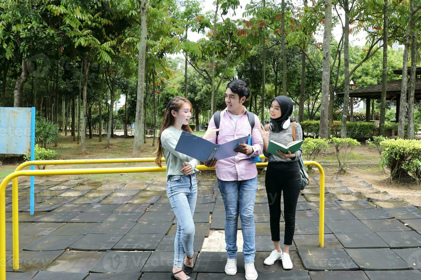 joven asiático malayo chino hombre mujer al aire libre parque caminar estar estudiar hablar discutir punto ordenador portátil archivo libro mochila mezclarse foto