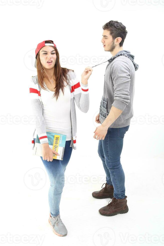 Yong south east Asian middle eastern Caucasian youth man woman in casual dress walk talk fun sit at table book notebook pen laptop computer study think read on white background photo