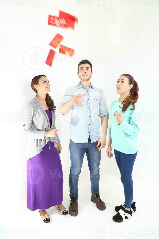 Yong south east Asian middle eastern Caucasian youth man woman in casual dress walk talk fun sit at table book notebook pen laptop computer study think read on white background photo