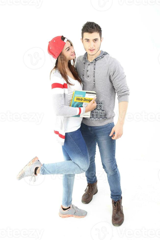 Yong south east Asian middle eastern Caucasian youth man woman in casual dress walk talk fun sit at table book notebook pen laptop computer study think read on white background photo