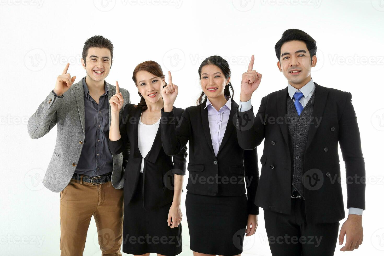 Southeast Asian middle eastern Caucasian young office business man woman wearing suit stand pint finger up idea thinking wonder confident happy success expression on white studio background photo