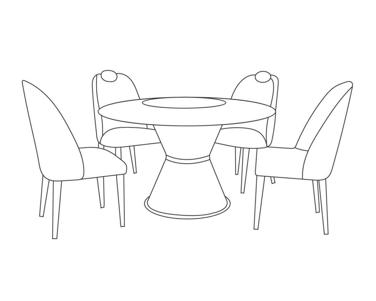 Hand Drawn outline of Restaurant Furniture Set, Chairs and Table, with white background vector