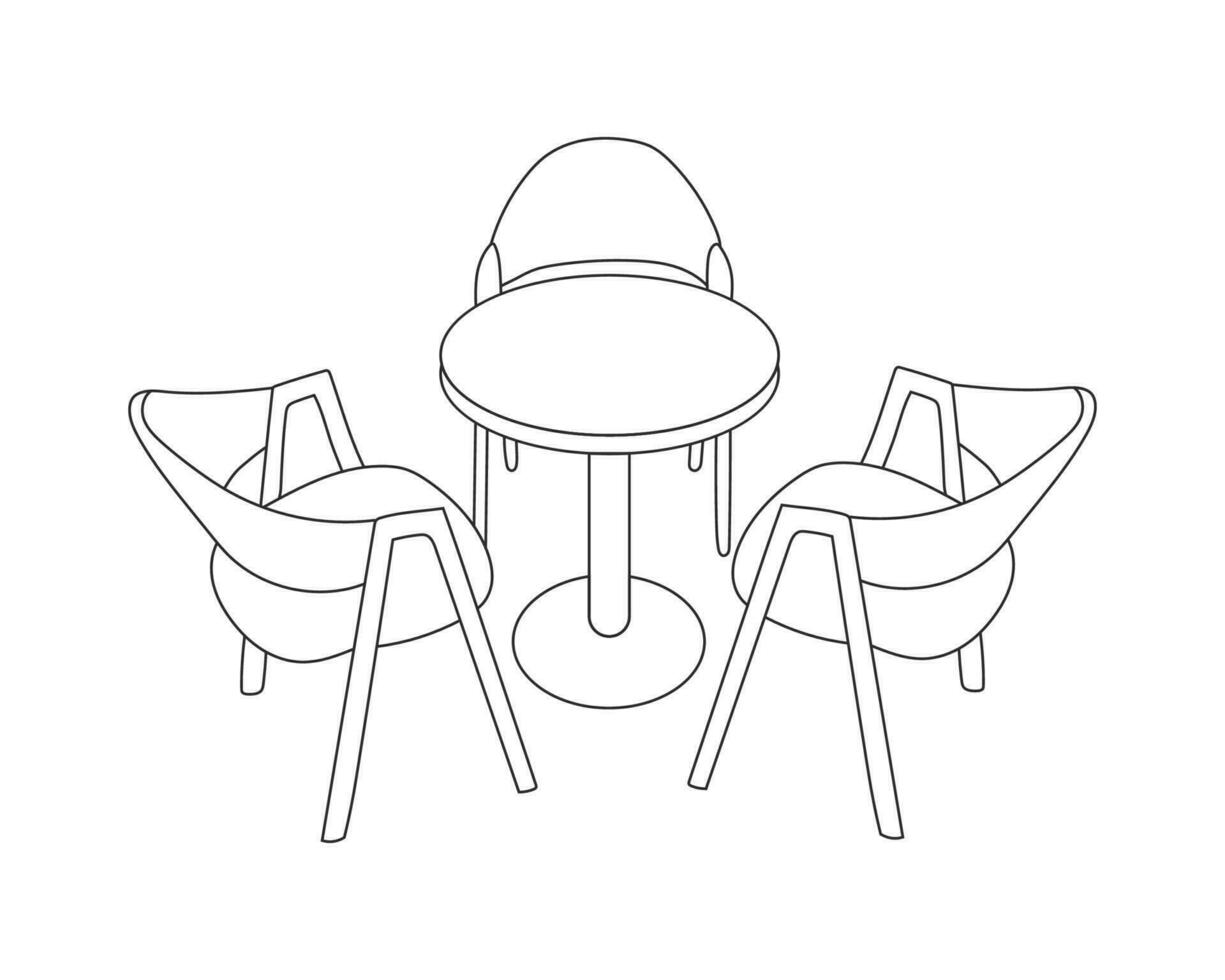Hand Drawn outline of Restaurant Furniture Set, Chairs and Table, with white background vector