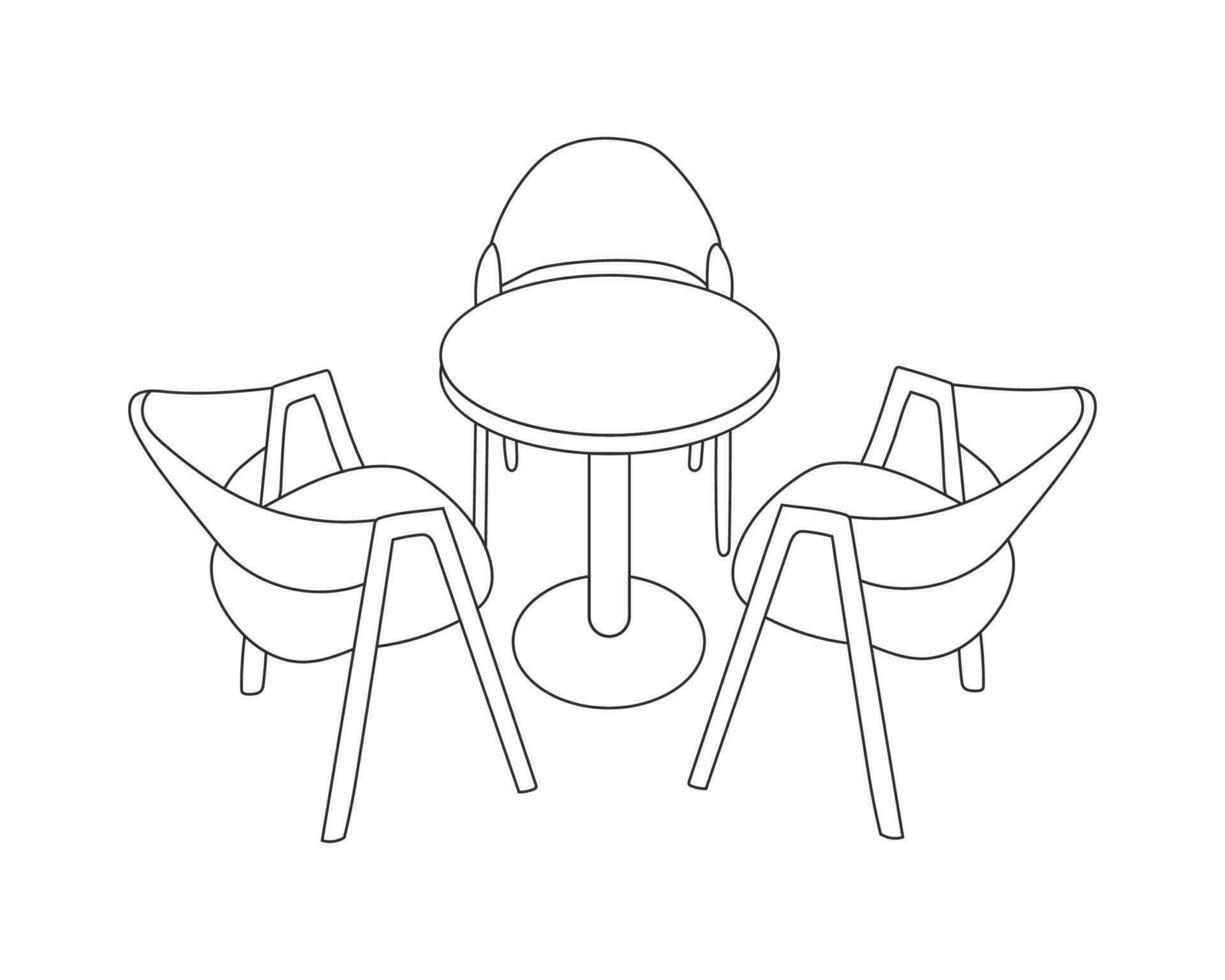 mano dibujado contorno de restaurante mueble colocar, sillas y mesa, con blanco antecedentes vector