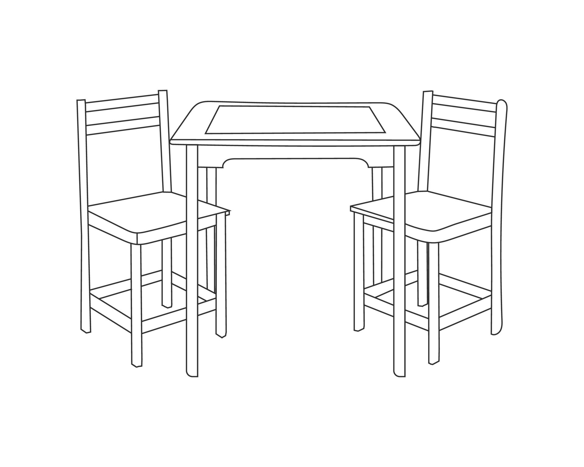 Wooden Chairs and Table set, Hand drawn line art with white background