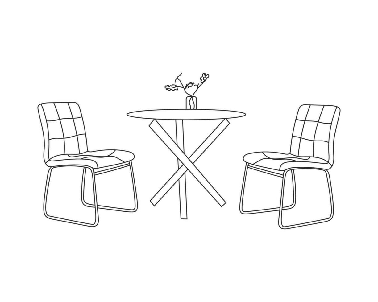 moderno restaurante sillas con mesa conjunto con blanco fondo, mano dibujado contorno vector