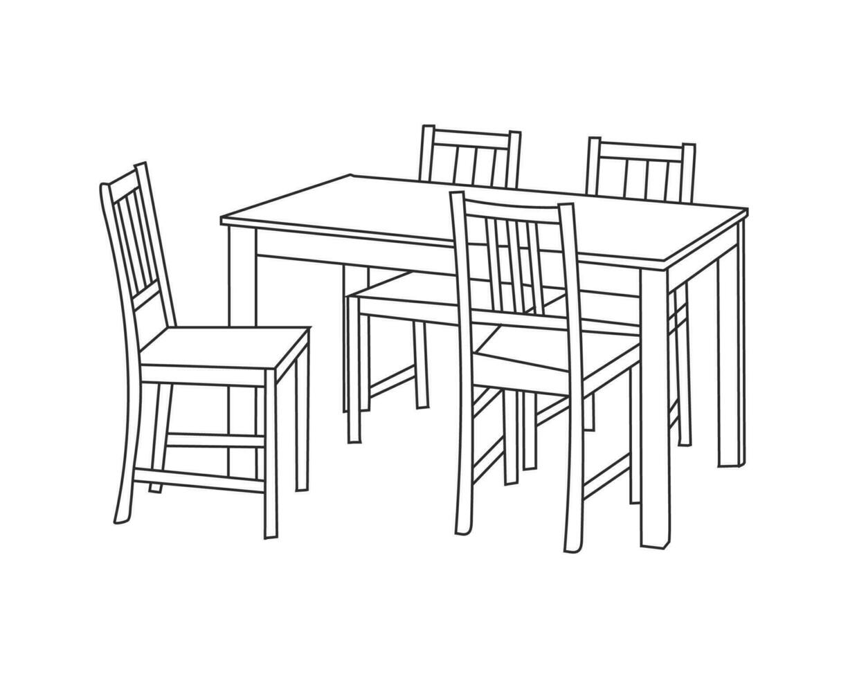 Wooden Chairs and Table set, Hand drawn line art with white background vector