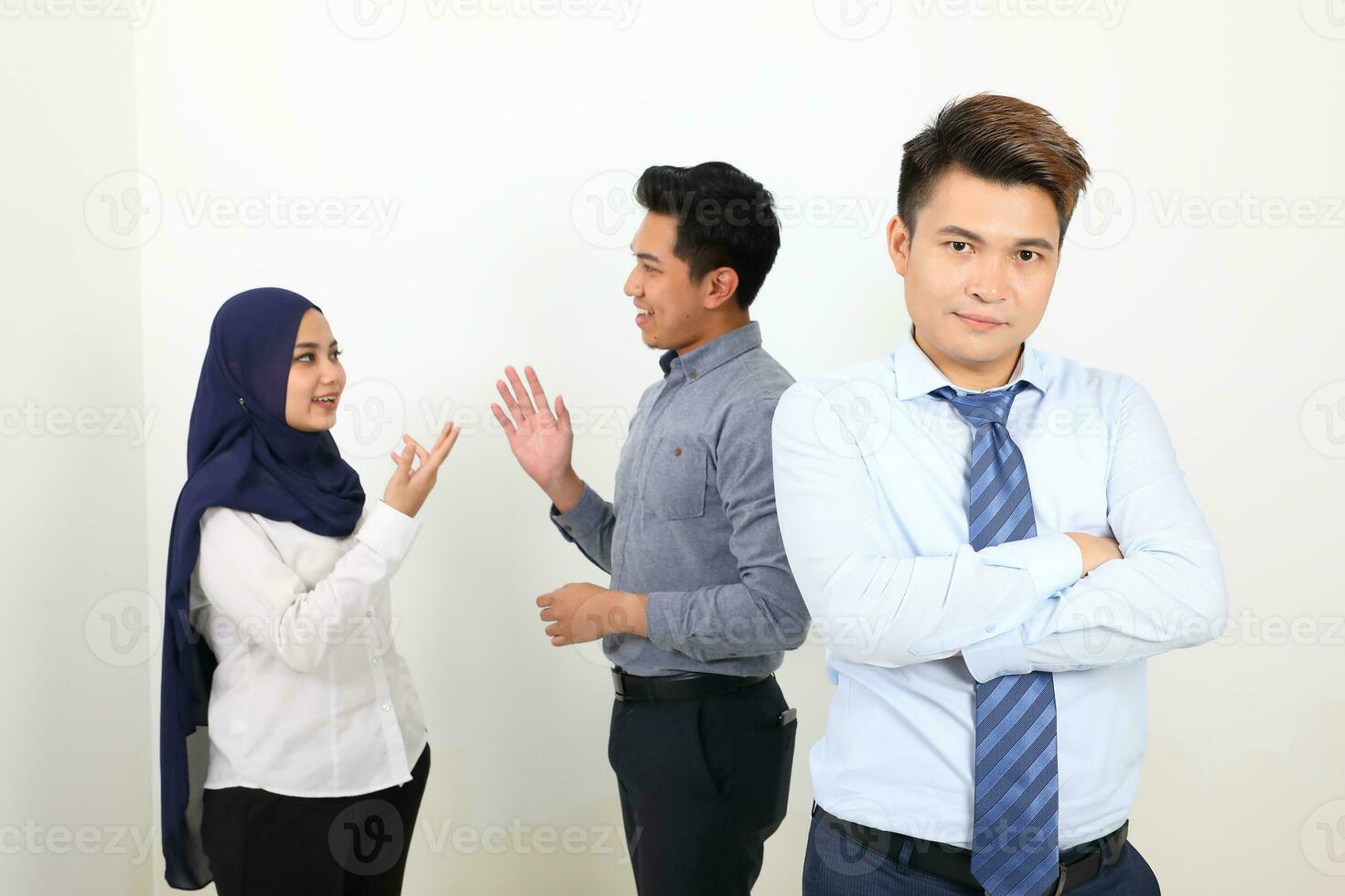 South east Asian Malay Chinese Man Woman facial expression stand confident talk discuss photo