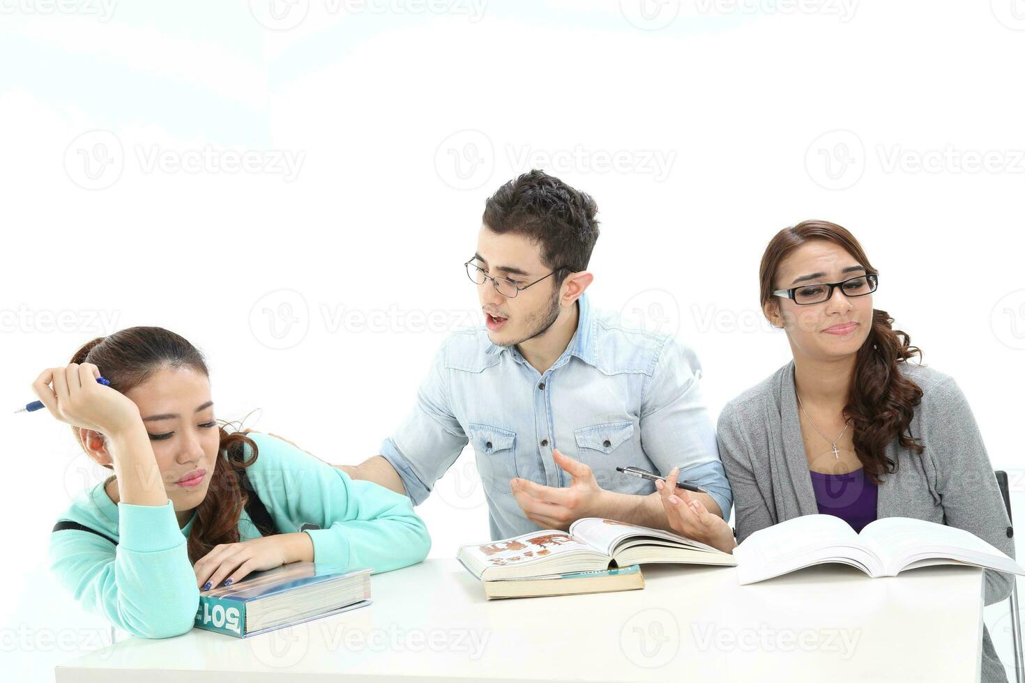 Yong south east Asian middle eastern Caucasian youth man woman in casual dress walk talk fun sit at table book notebook pen laptop computer study think read on white background photo