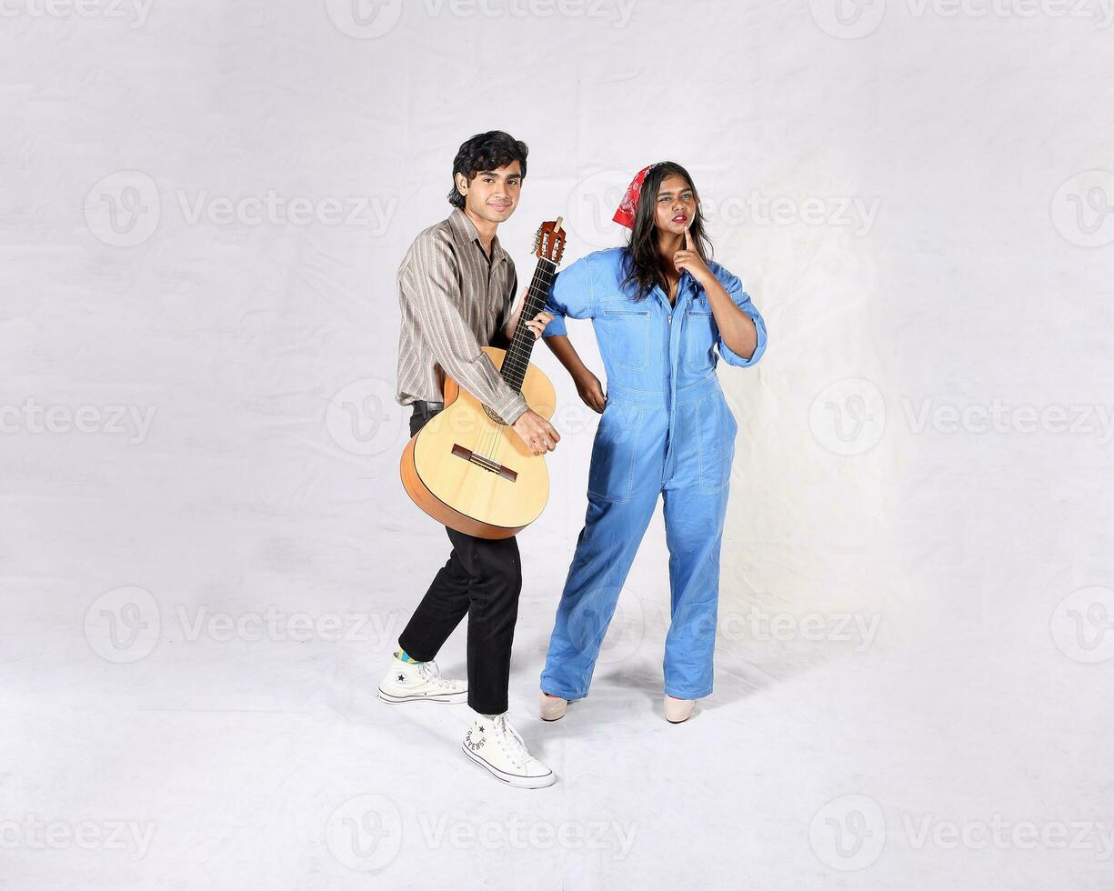 Young aisan man woman drama acting theatre student performing rehearsal expression pose photo