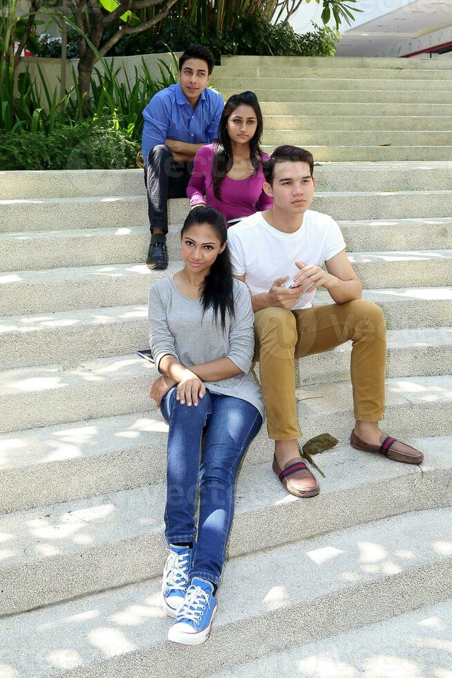 Asian young man woman friend student colleagues outdoor active work study relax photo