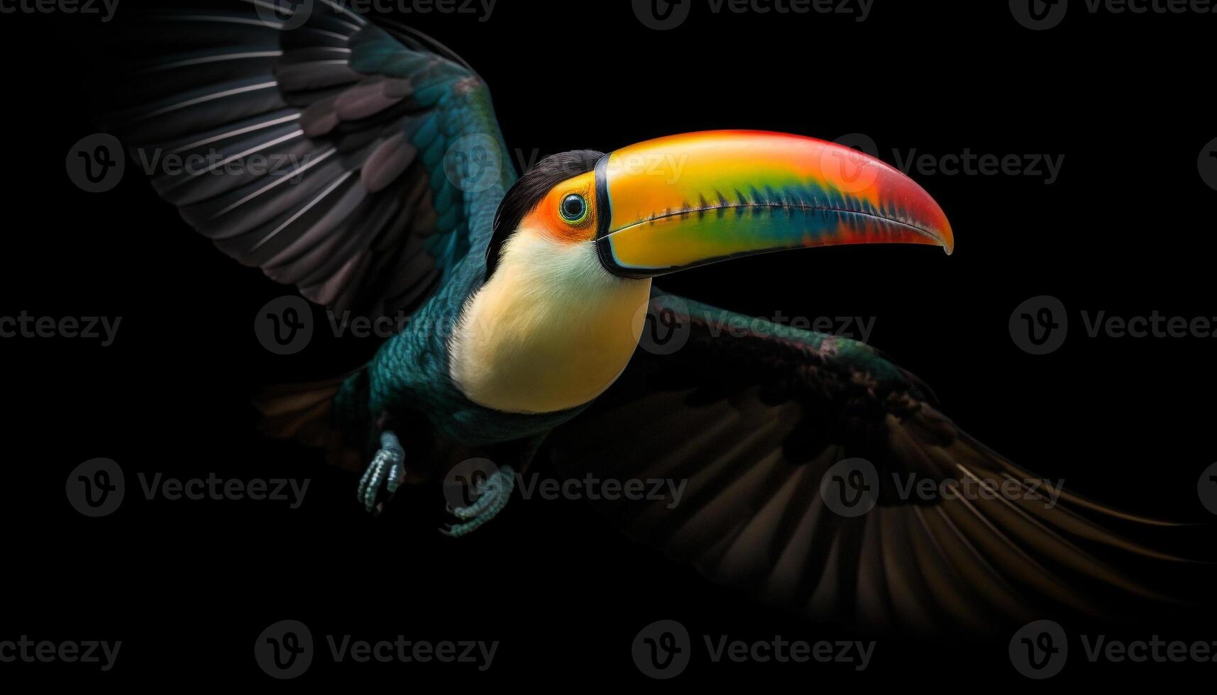 Toucan perching on branch, vibrant colors in tropical rainforest generated by AI photo