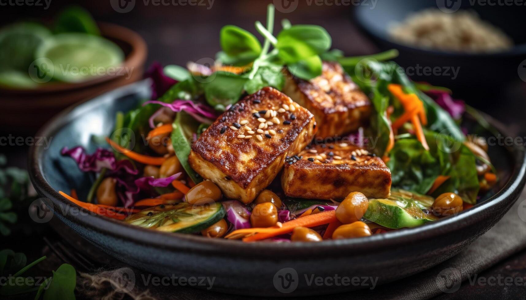 Grilled meat and vegetable salad on a rustic wooden plate generated by AI photo