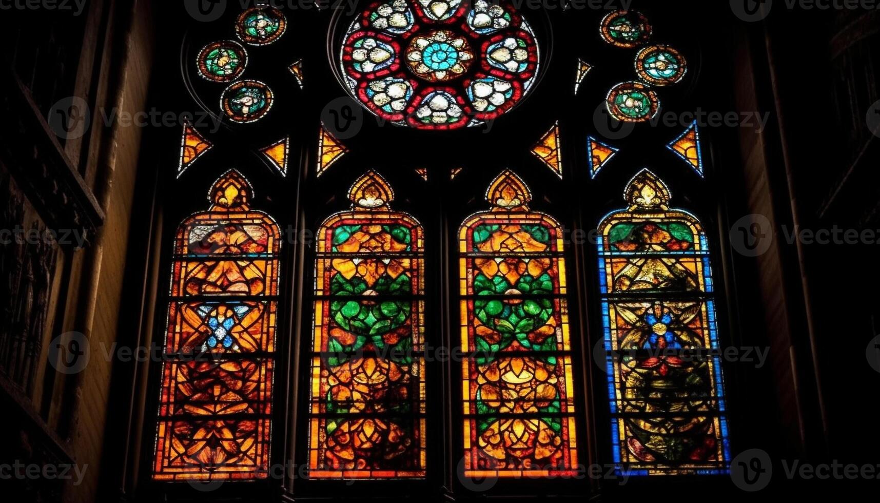 Stained glass window illuminates gothic cathedral ancient spirituality and history generated by AI photo