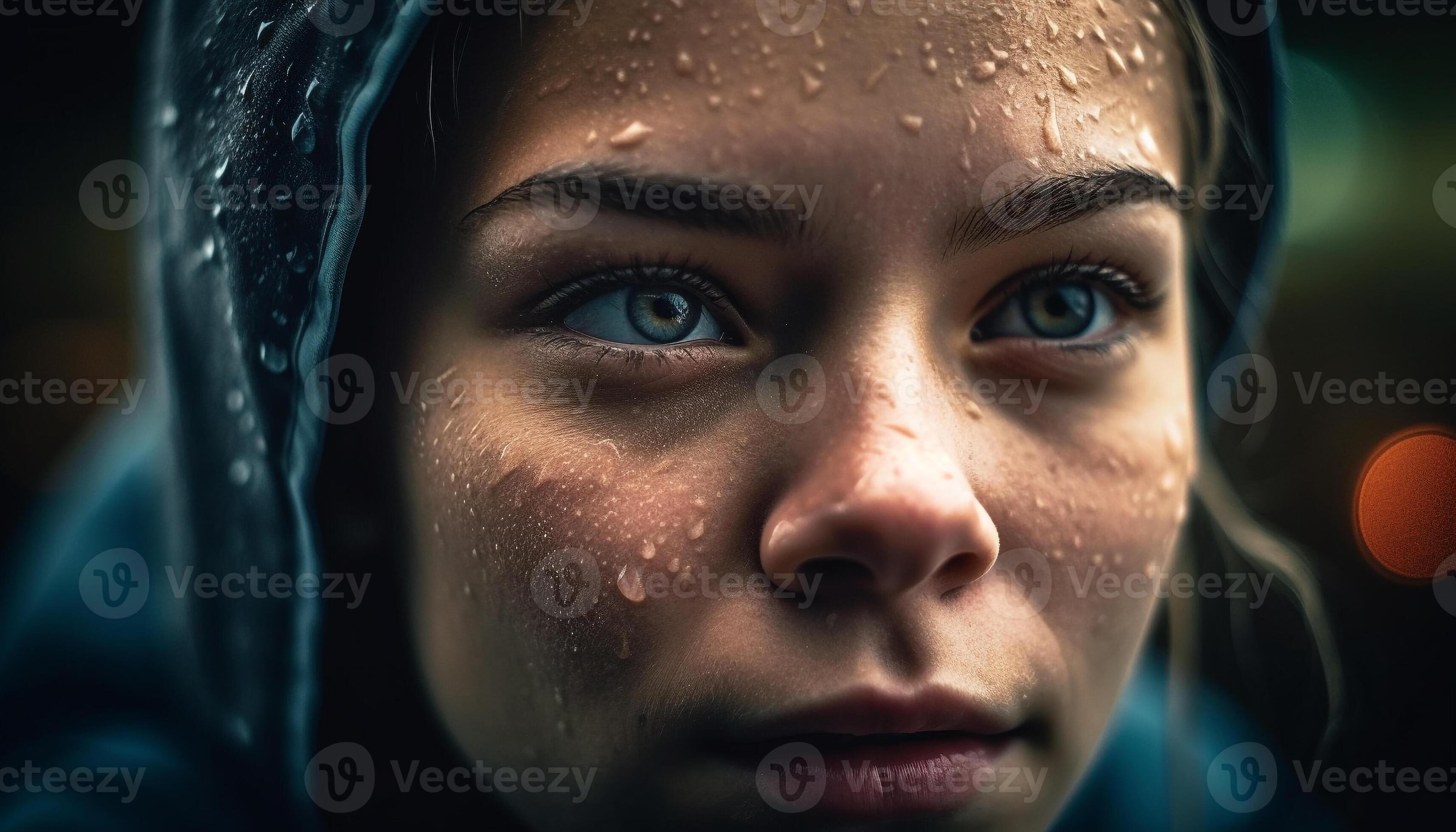 Young woman looking sad in the rain, drops reflecting beauty generated ...