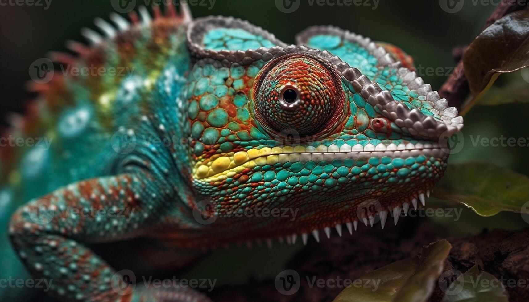 Green lizard head close up, horned, looking at camera, tropical forest generated by AI photo