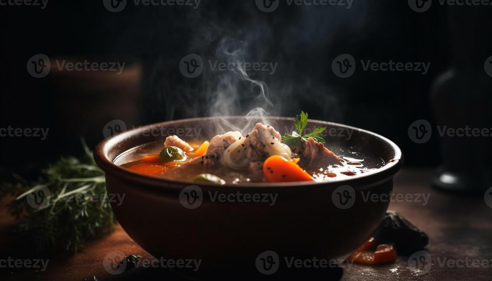 Premium AI Image  Fresh vegetable soup in a rustic bowl ready to eat  gourmet meal generated by artificial intelligence