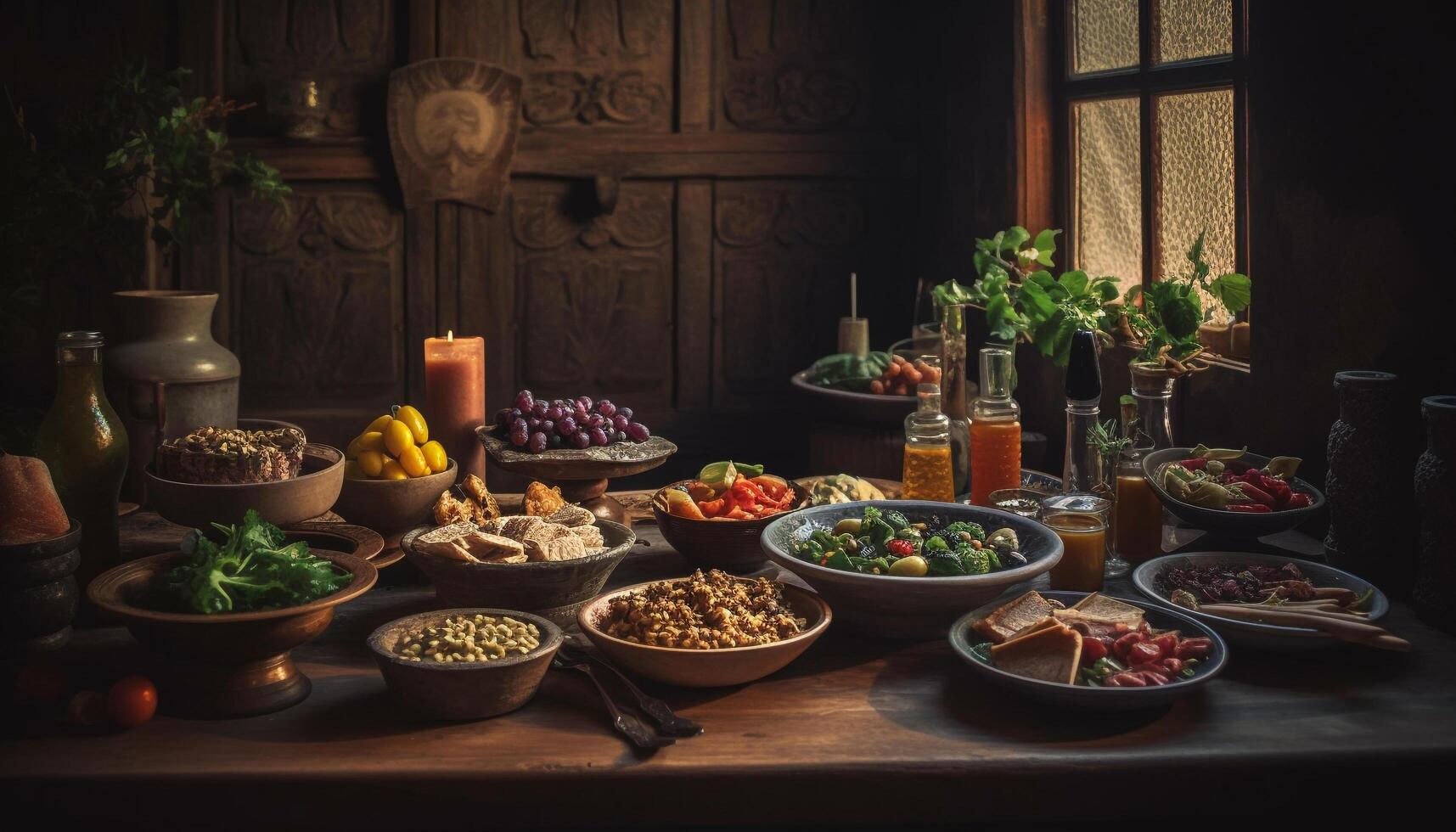 Fresh vegetable salad with multi colored ingredients on rustic wooden table generated by AI photo