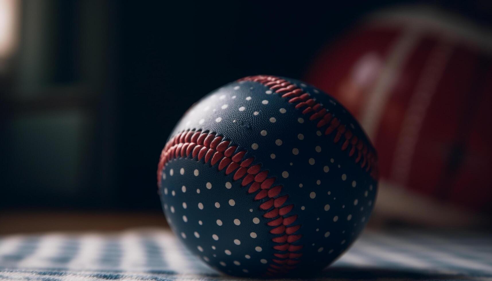 Blue leather baseball on striped table, focus on foreground generated by AI photo